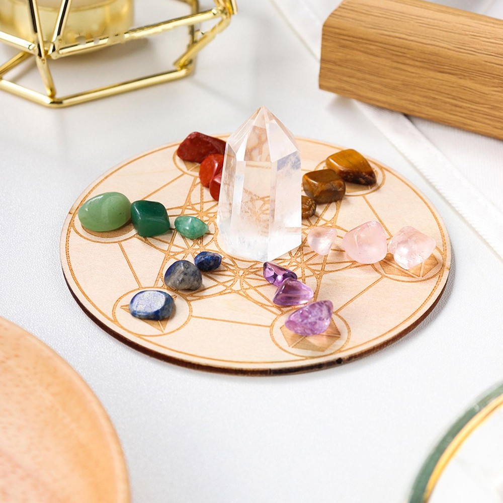 Natural Stones Crystals And Healing Stones Set With Geometry Grid Wooden Plate