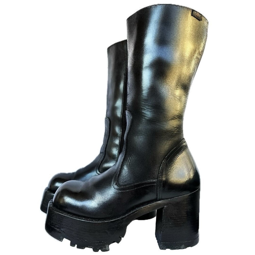 DESTROY Vintage Y2K Platform Chunky Square Toe Tall Black Leather Boots 9.5 10