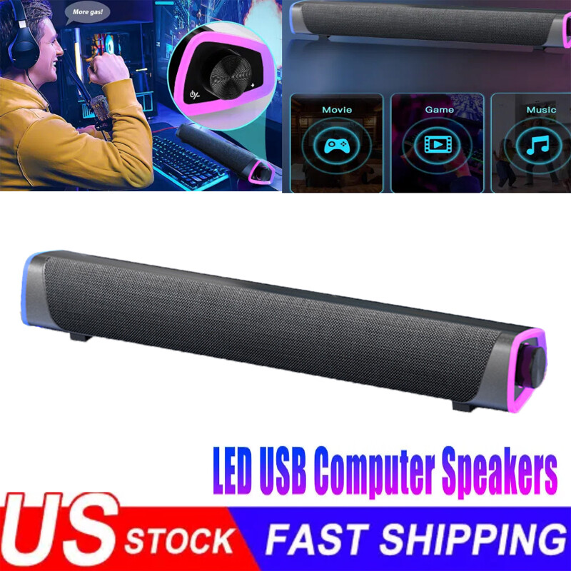 USB Computer Speakers RGB Bluetooth 5.0 Speaker Stereo Sound Bar PC Sound Bar US