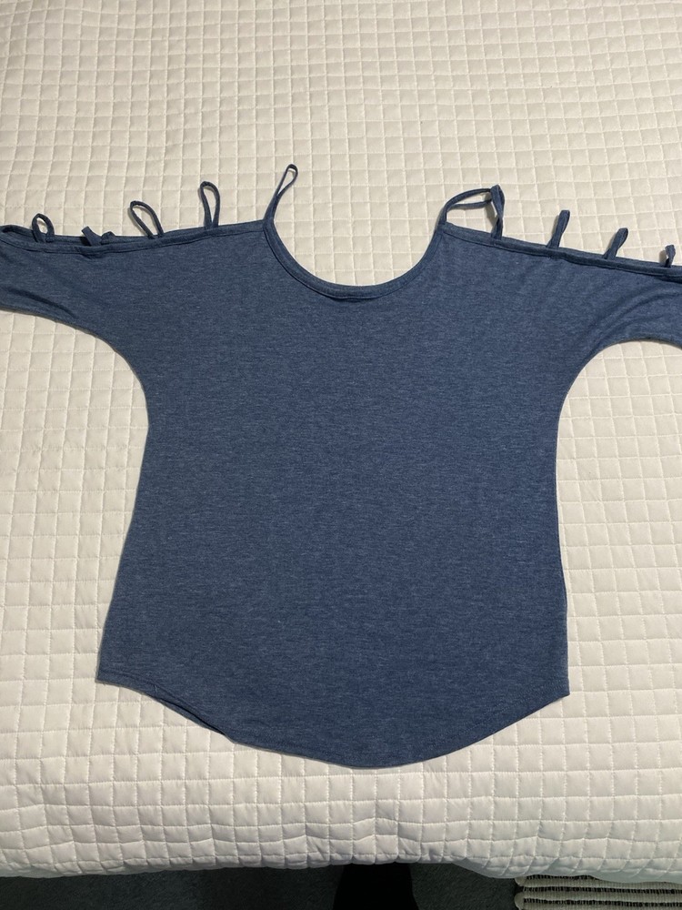 Womens Blue Heather Cold Shoulder Top Cut Out Strappy Sleeve Blouse Size L