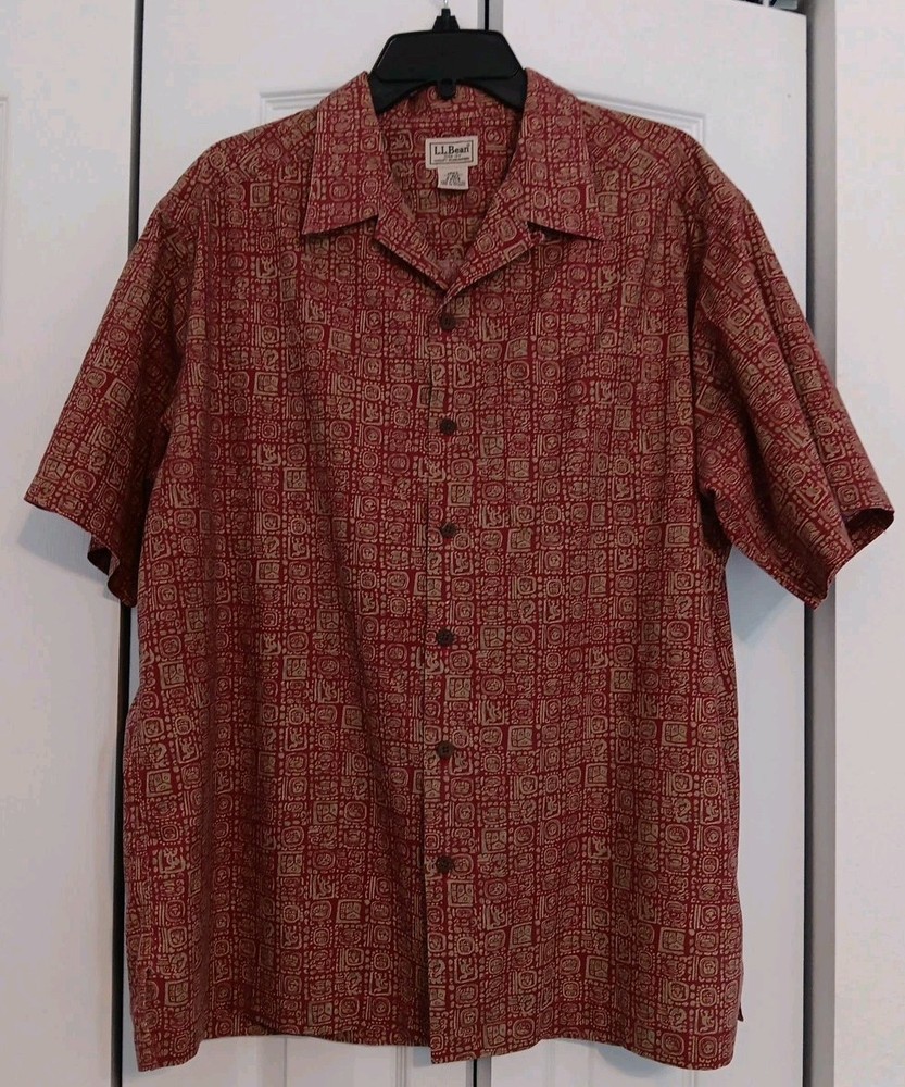 Vtg Men's LL Bean Red Tiki Button Up Shirt, Large, Short Sleeve Hawaiian, Cotton