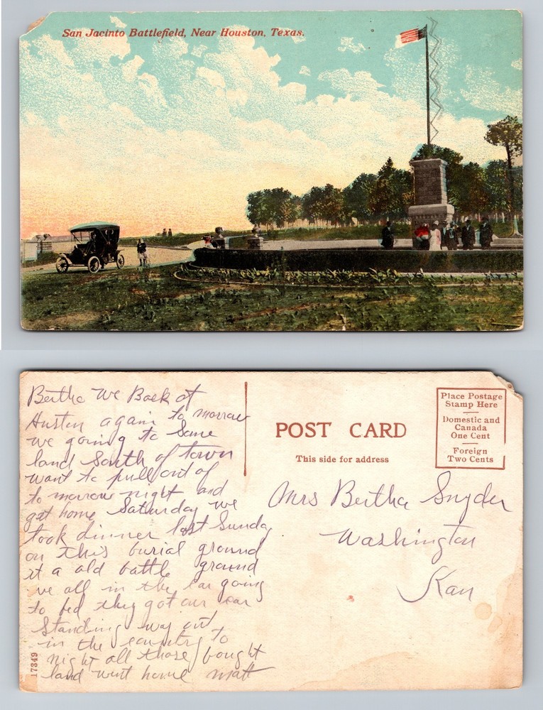 Houston, TX-Texas San Jacinto Battlefield Monument and Flagpole Vintage Postcard