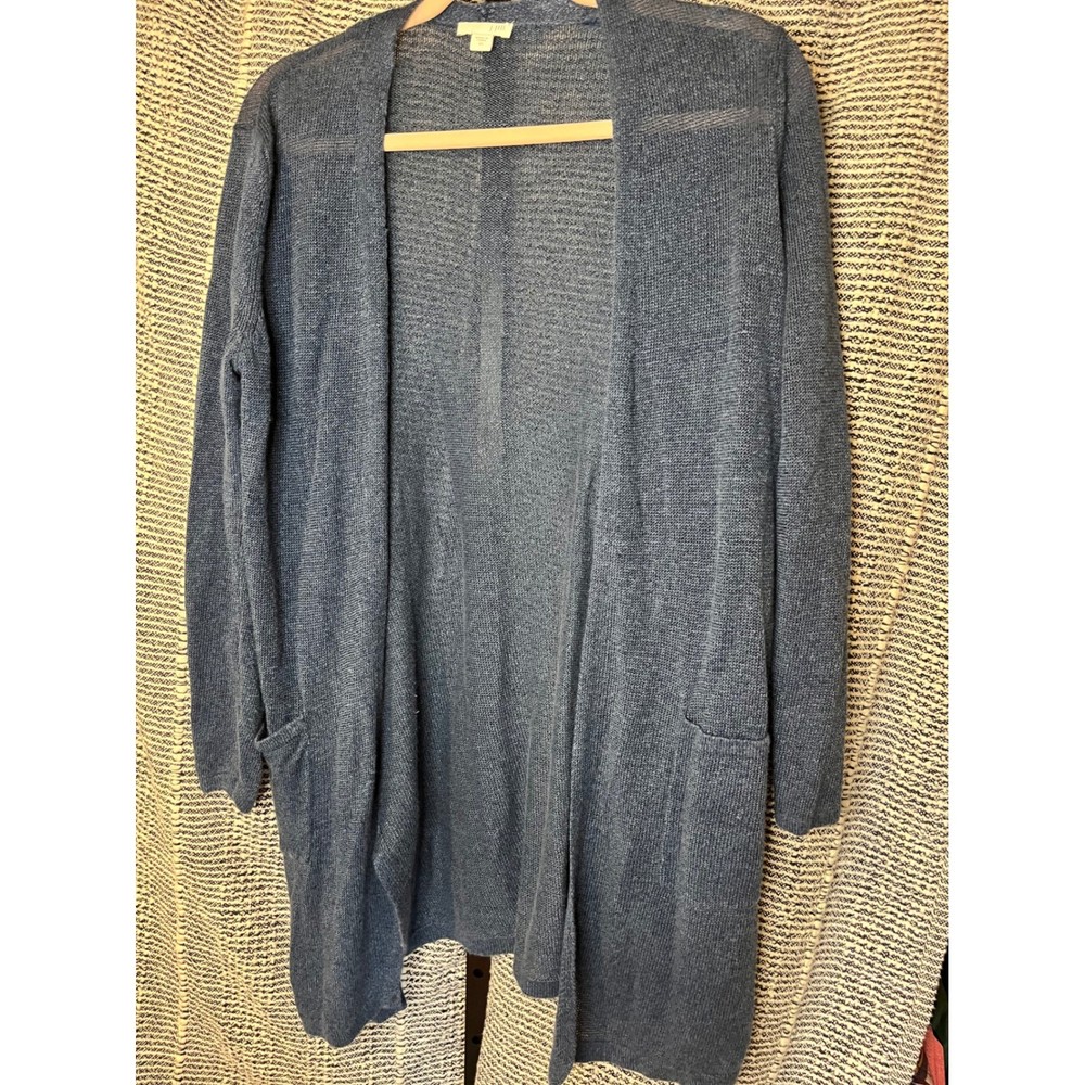 J Jill Cardigan Sweater XS Blue Linen Blend Knit Open Front Pockets
