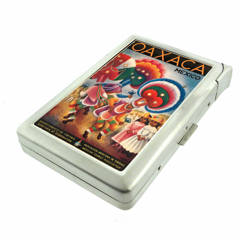 Mexico Vintage Em2 100's Size Cigarette Case with Built in Lighter Metal Wallet