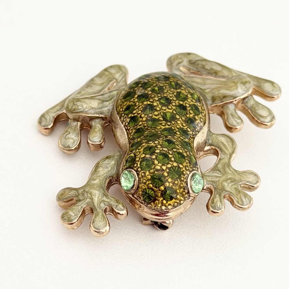 Vintage Green Enamel Frog Rhinestone Eyed Gold Tone Animal Brooch Pin