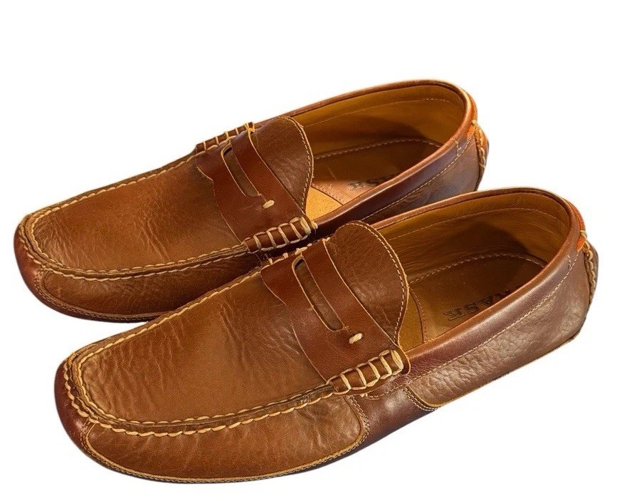 TRASK Men’s Brown Leather Penny Loafer Driving Moc Shoes Size 12M Camo Sole