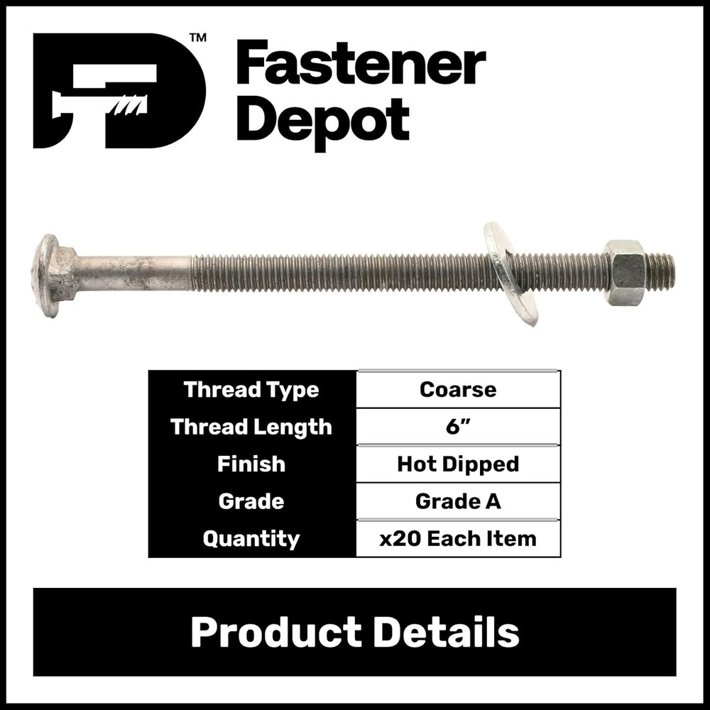 1/2”-13 x 10-1/2” Hot Dipped Galvanized Carriage Bolt Kit w/ Nuts & Washers—20x