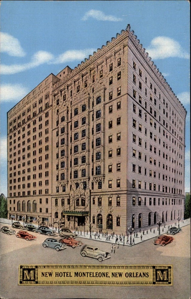 New Orleans Louisiana Hotel Monteleone vintage cars ~ 1940s linen postcard