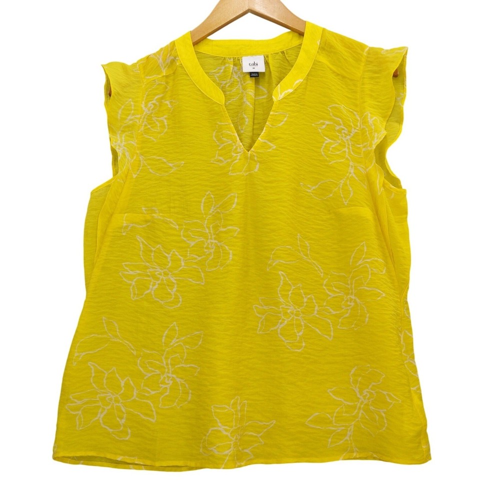 Cabi Floral Ruffle Blouse Women M Yellow Sleeveless Split Neck Top
