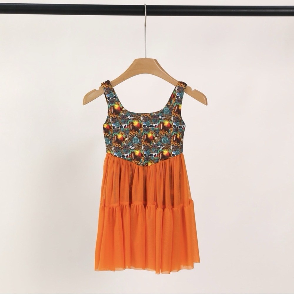 Boutique Dress Girls 6-7T Western Horse Print Orange Mesh Activewear NWOT