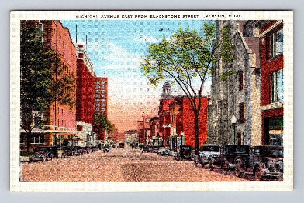 Jackson MI-Michigan, Michigan Avenue Looking East, Antique Vintage Postcard