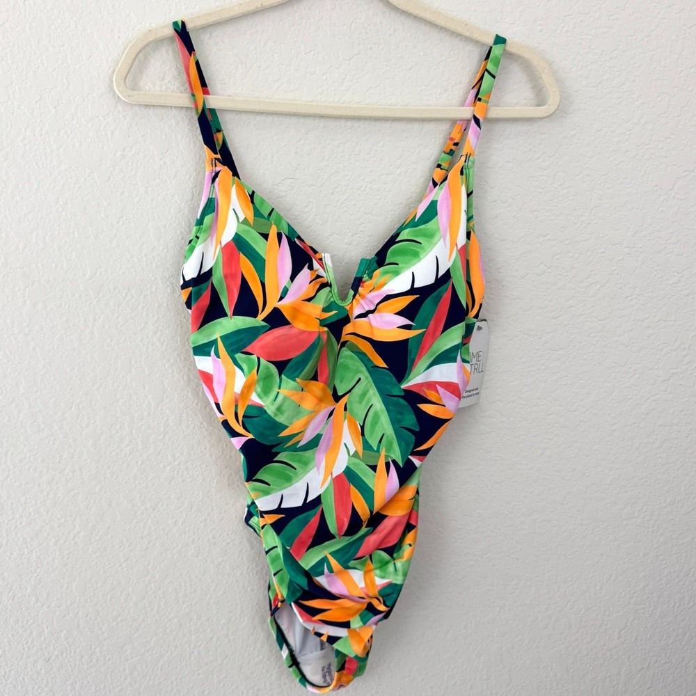 Time and Tru Women's Tropical Floral Shirred One-Piece Swimsuit Size L