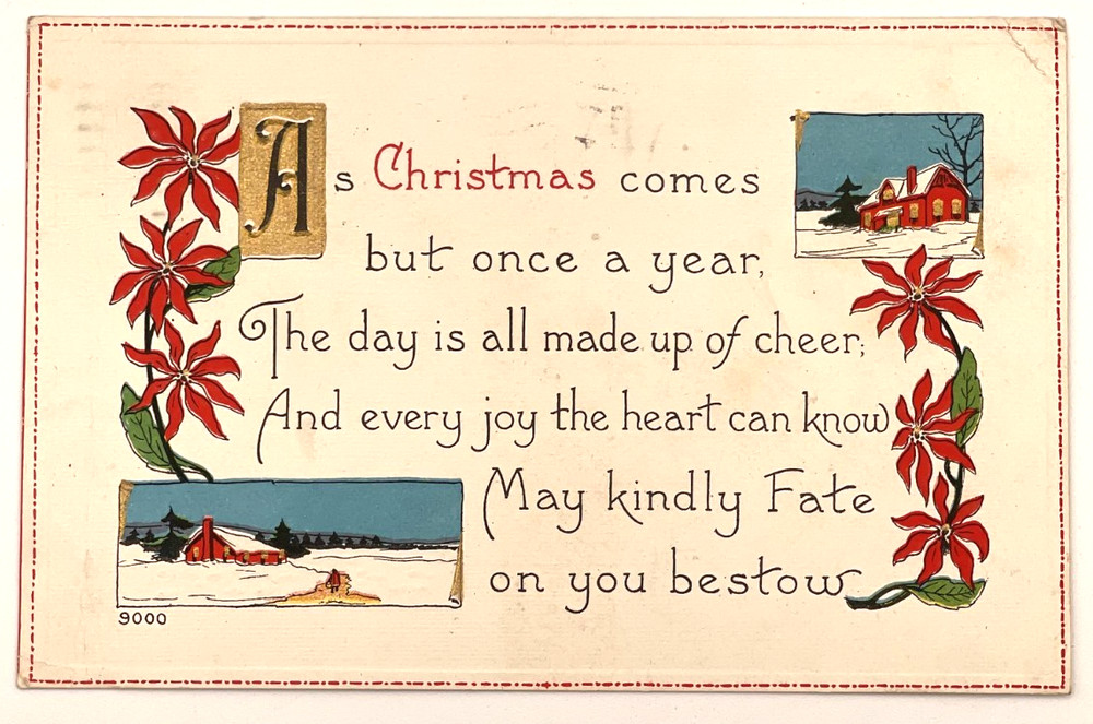 1915 Christmas Postcard Poinsettias Red Cottage Winter Snow Scene