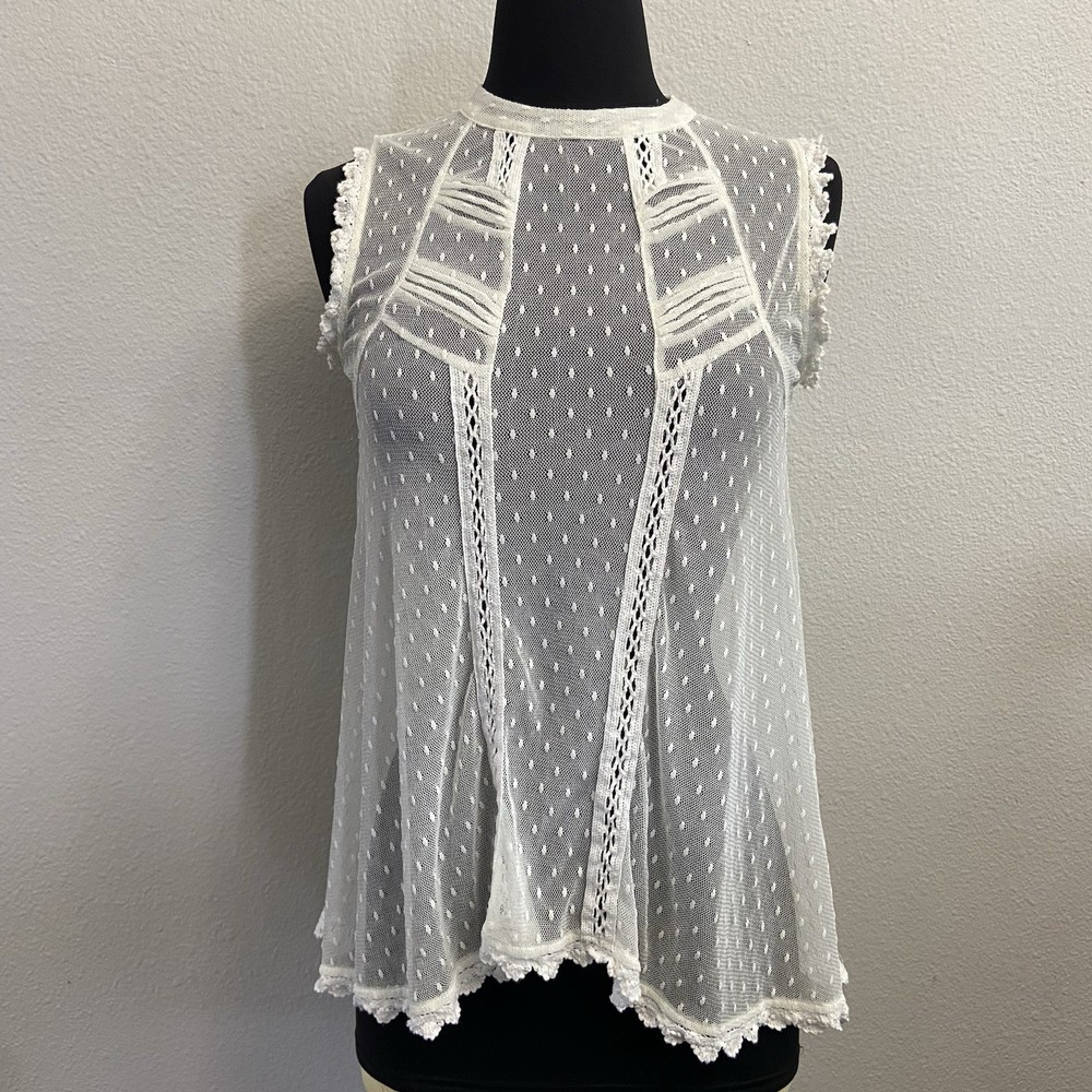 Free People Fionas Victorian Mesh Sheer Lace Top Flowy Ivory Size XS Boho Tank