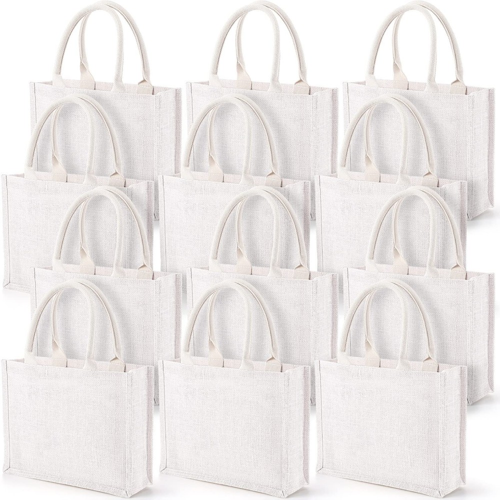 12 Pieces Burlap Jute Tote Bags with Handles Reusable Blank Grocery Bags Whit...