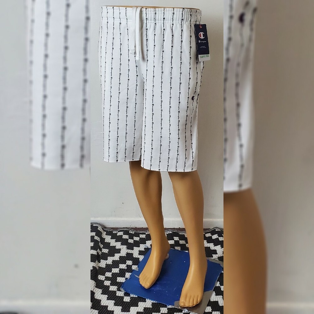 CHAMPION ALLOVER PRINSTRIPE PRINTED FLEECE SHORTS MEN SIZE XL WITH POCKETS WHITE