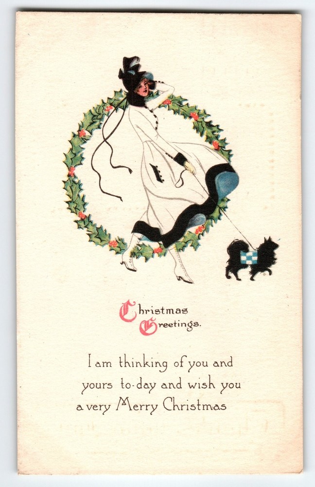 Vintage 1917 Christmas Postcard Woman Walking Puppy Dog with Holly Wreath