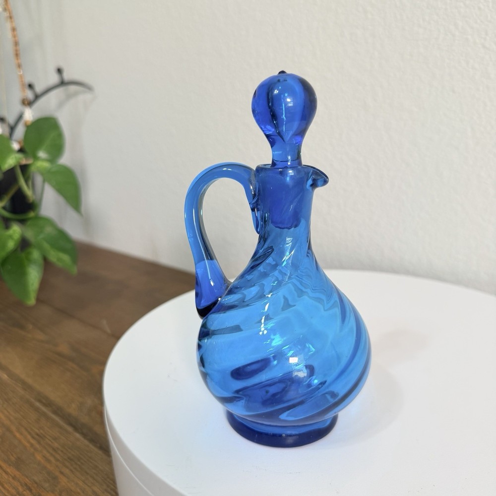 Handblown Blue Glass Cruet Decanter Jug W Stopper Manganese Green Glow