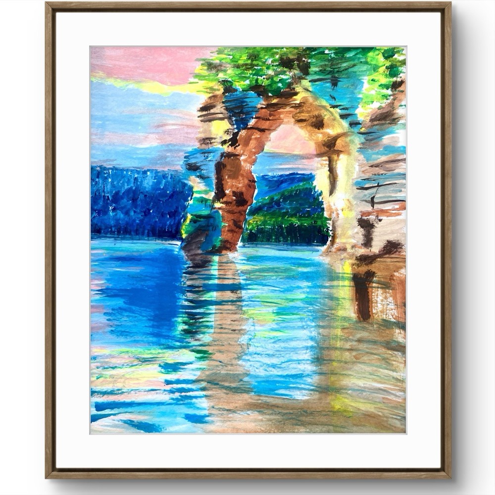 TITA PAINTZ Natural Bridge Landscape River Handmade Watercolor 9x12 Wall Art