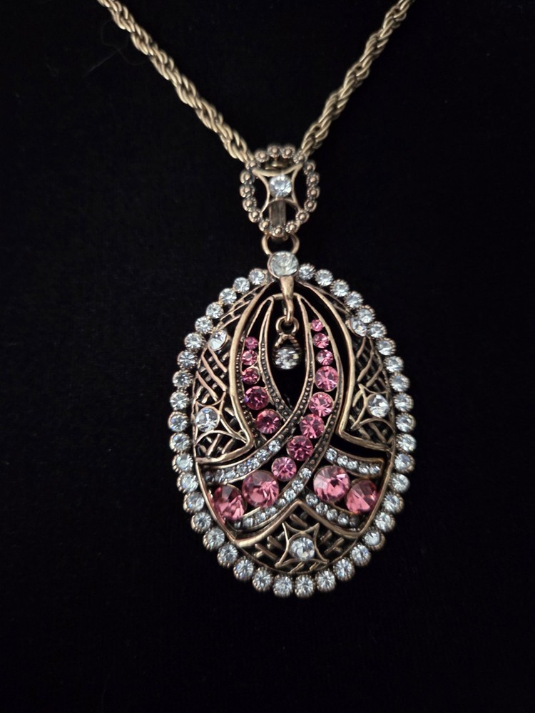 Vintage Pink Rhinestone Necklace Pendant Cancer Ribbon Gold Tone 30