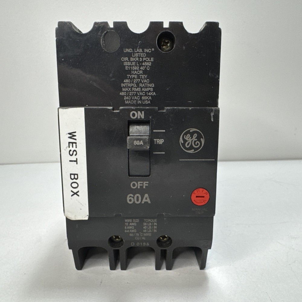 GE TEY360 3-Pole 60A Molded Case Circuit Breaker, 480/277 VAC, Bolt-On