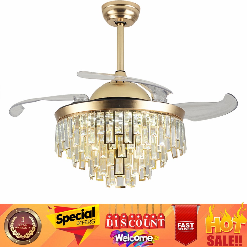 42 Inch Crystal Ceiling Fan with LED Light Remote Control Retractable Blades 3 Color Options