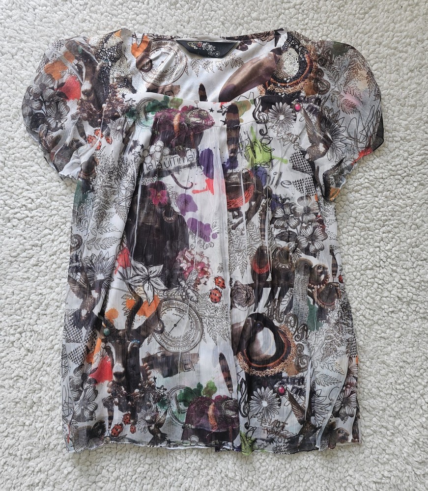 Desigual Printed Abstract Graphic Top Sheer Boho Y2K Vintage Indie Festival M-image