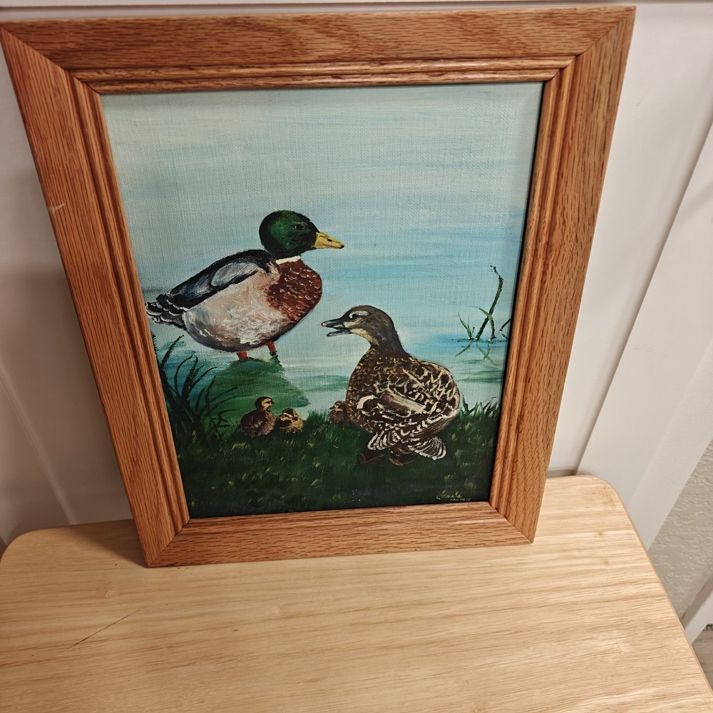 Vintage Original Mallard Duck Family Painting Framed Wildlife Art Signed