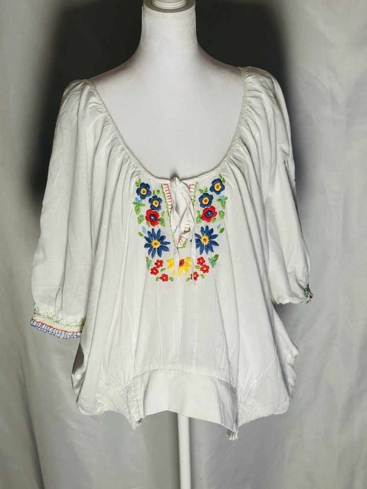 Oversized Boho Embroidered Peasant Blouse 100% Cotton Floral Folk Top