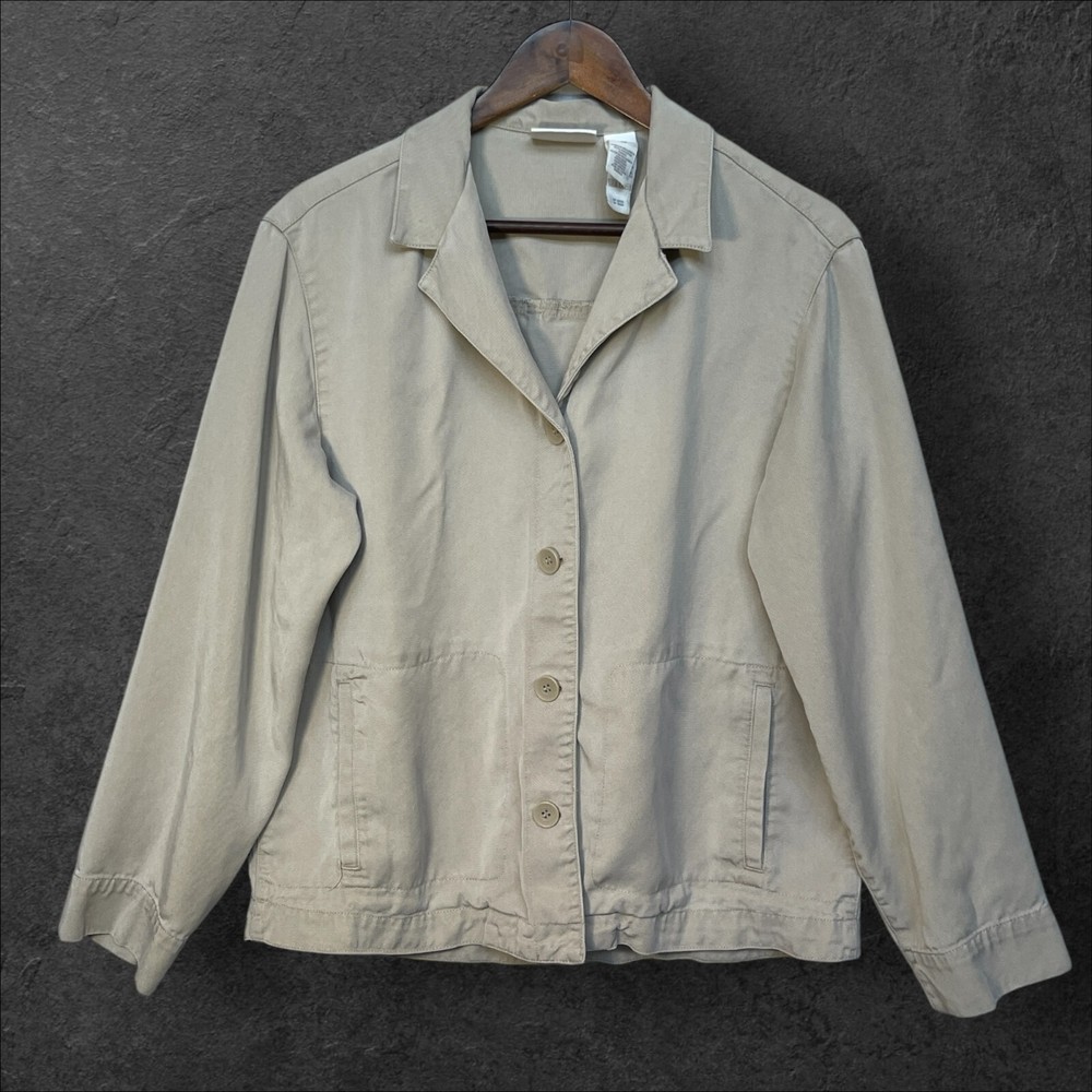 Liz Claiborne Women's Jacket Size M Beige Button Front 100% Lyocell Pockets