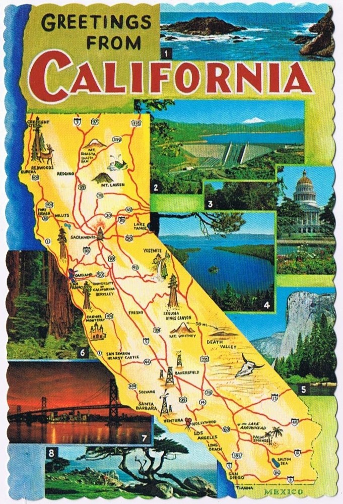 Postcard Pictoral Map Greetings From California Multi View