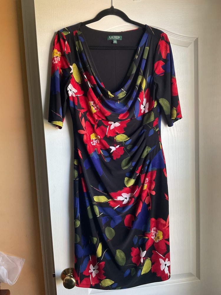 Ralph Lauren Floral Print Cowl Neck Jersey Dress Size 12 Multi Color