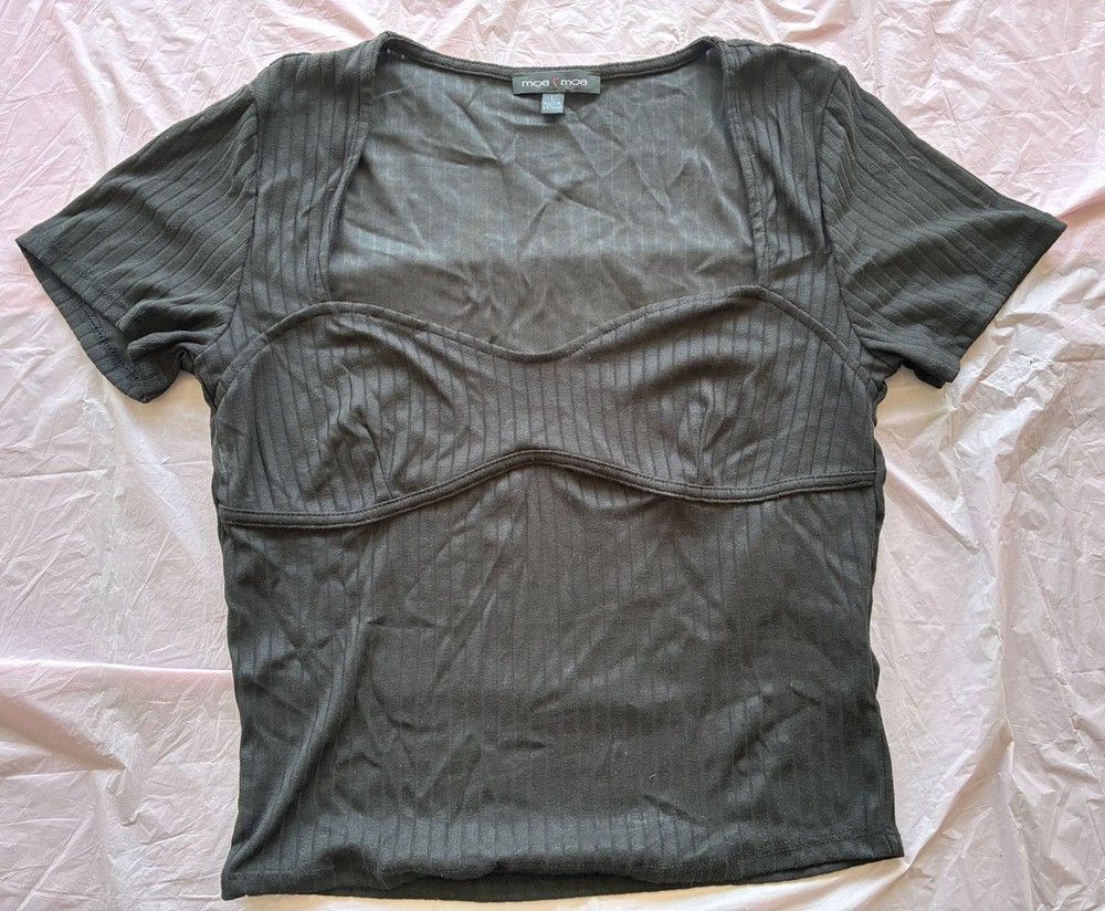 Moa Moa Women’s Retro Ribbed Knit Square Neck Short Sleeve Shirt Top Black Sz L