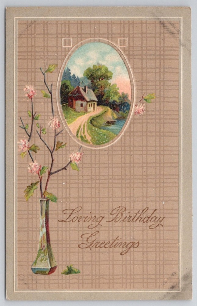 Loving Birthday Greetings German Embossed Postcard Rural Scene Vase Flowers