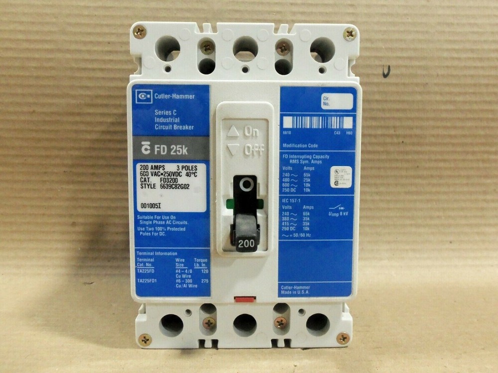 Eaton Cutler FD FD3200 3 Pole 200 Amp 600V Circuit Breaker FD3200L FLAWED #7