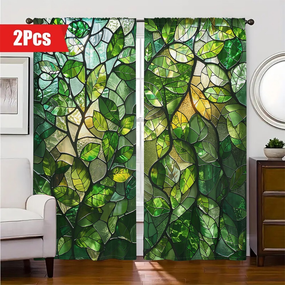 2Pcs Spring Green Leaf Glass Texture Window Curtain Bedroom Living Room Kitchen