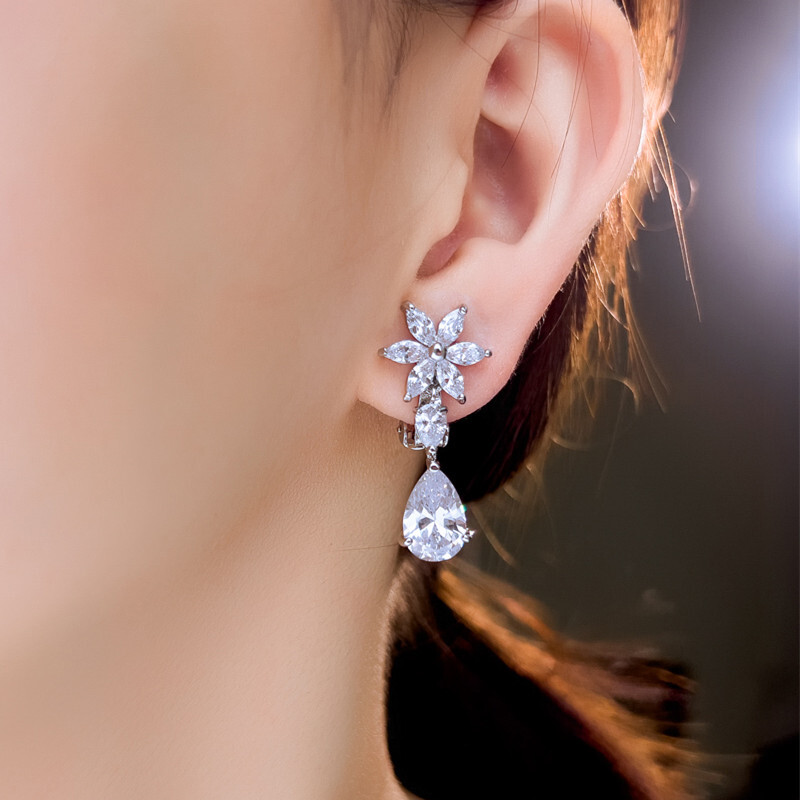 Clip On Earrings Dangle Drop Cubic Zircon Flower Silver Plated for Women Wedding