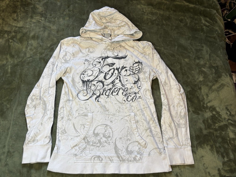 Fox Riders Co Hoodie Womens Medium White AOP Vintage Y2K Racing Motocross 2000s