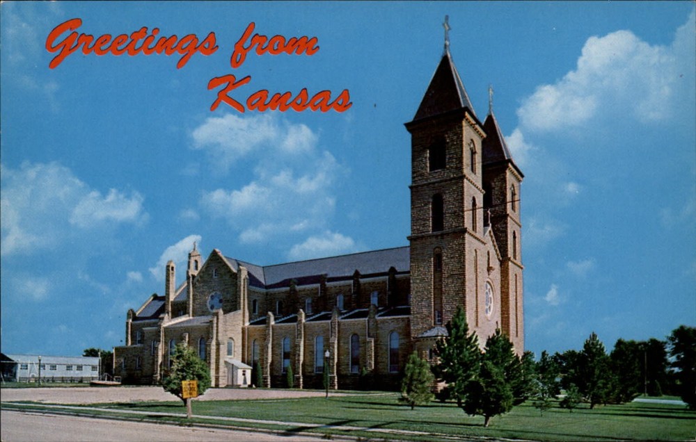 Victoria Kansas Fidelis Church Romanesque architecture steeples vintage postcard
