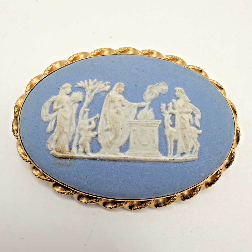 Vintage Van Dell 12kt Gold Filled Cameo Brooch Wedgwood Blue Jasperware