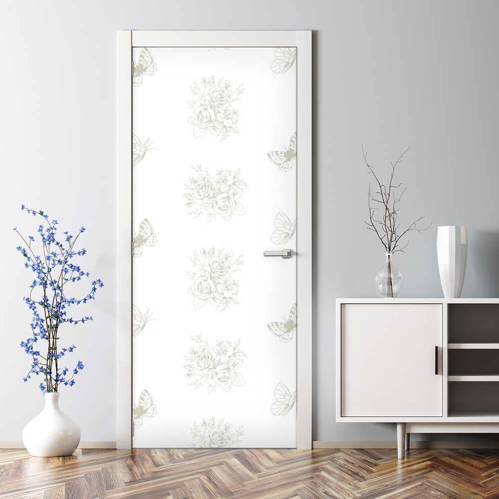floral motives and butterflies self-adhesive white golden Door Decal wallpaper