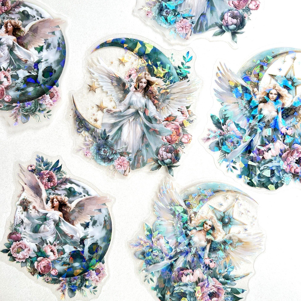 Holographic Moon Angel Stickers  Junk Journaling Collage Scrapbooking