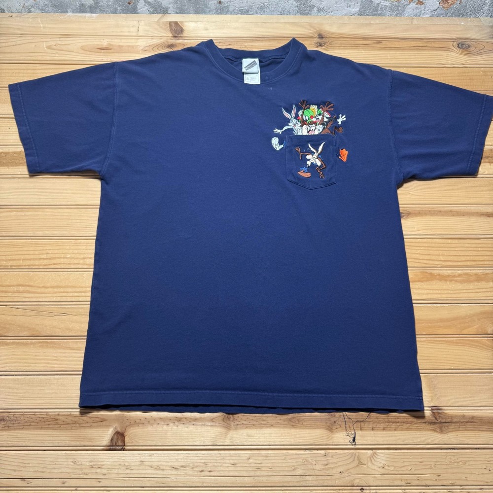 Vintage 90s Warner Bros Looney Tunes Cartoon Embroidered Pocket T-Shirt - XL