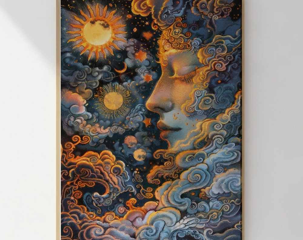 Surreal Sun And Moon Face Art Celestial Dreamscape Wall Decor Mystical Sky