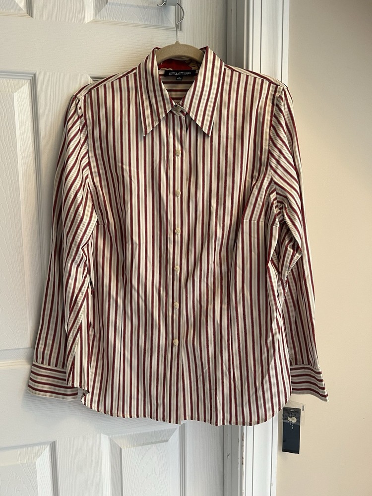 LS SHIRT - Jones New York - Red/Beige/White Stripe - Button Up - 1X - NWT