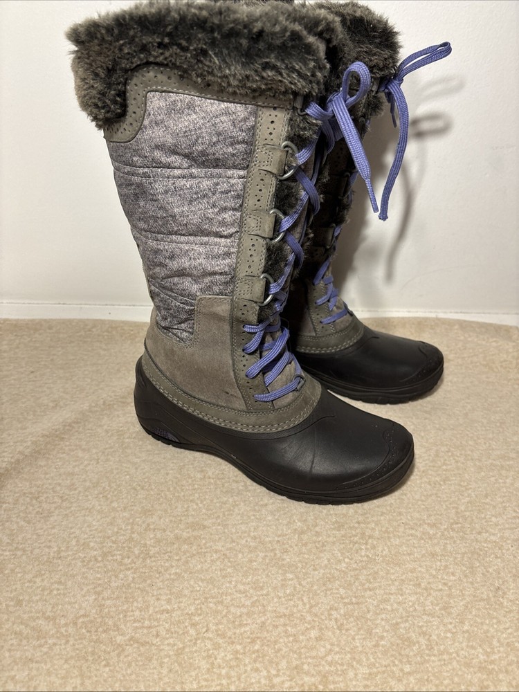 The North Face Shellista II Tall Insulated Snow Boots Gray Purple Faux Fur Sz 7