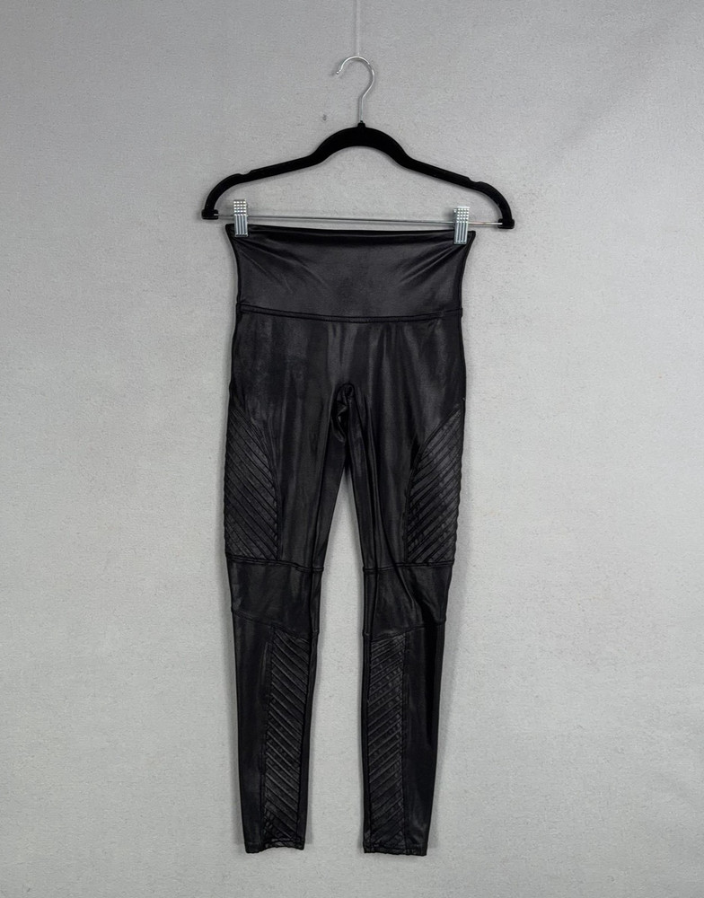 Spanx Leggings Womens Medium Black Faux Leather Moto High Rise Shaping Ankle