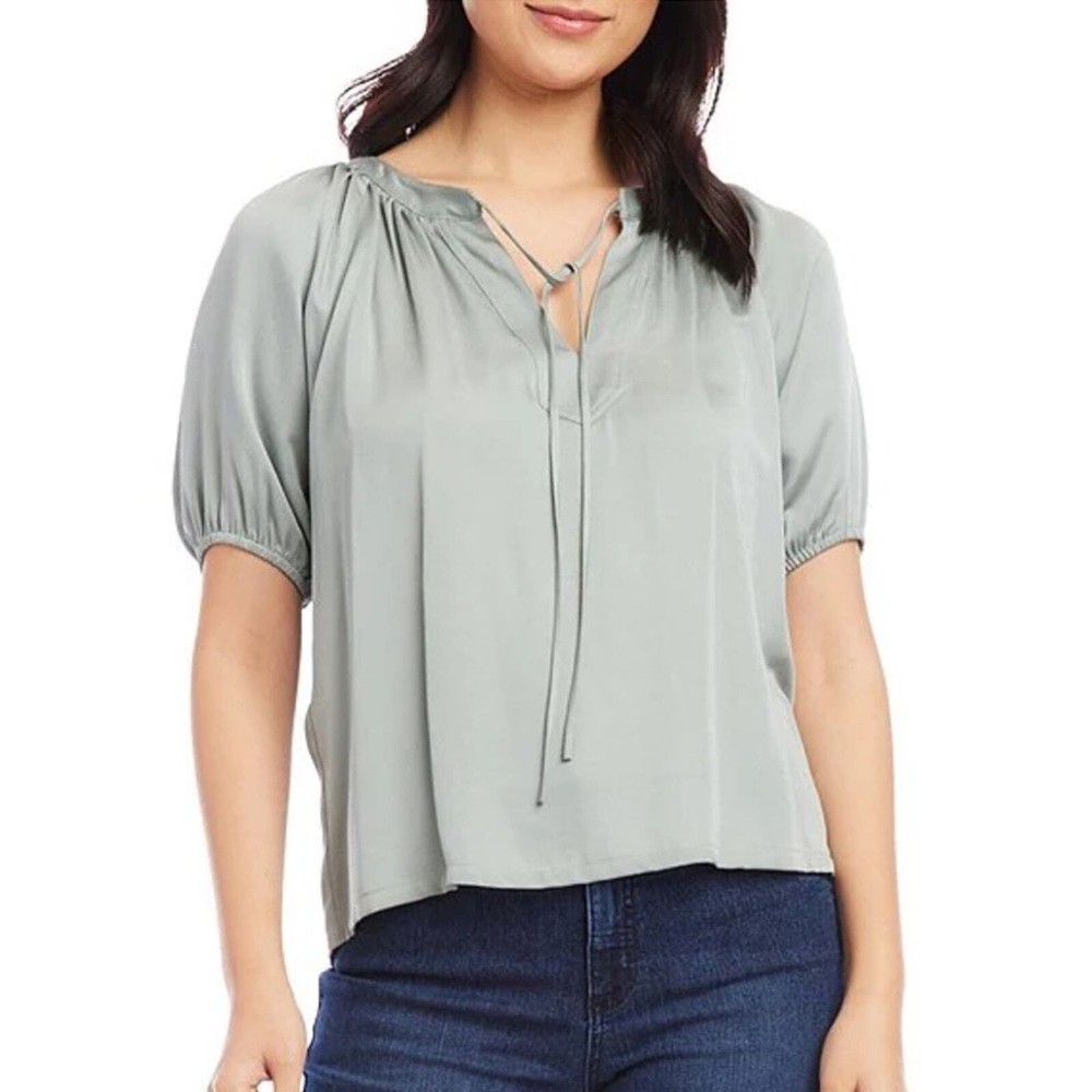Karen Kane sage green satin tie-neck peasant top NWT XS retail $128