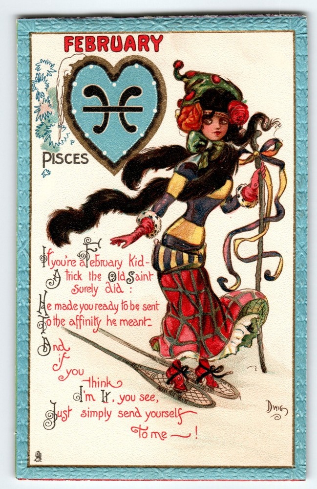 Tuck Postcard Dwig Pisces Fancy Lady Ice Skater Zodiac February Snow Shoes 128