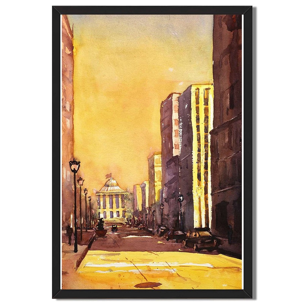 Golden City Sunset Street Framed Canvas Print Urban Landscape Wall Art Decor